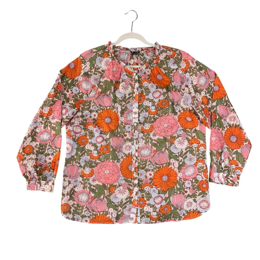 Talbots Climbing Floral Ruffle Blouse XL Multicolor Cotton Feminine Lightweight